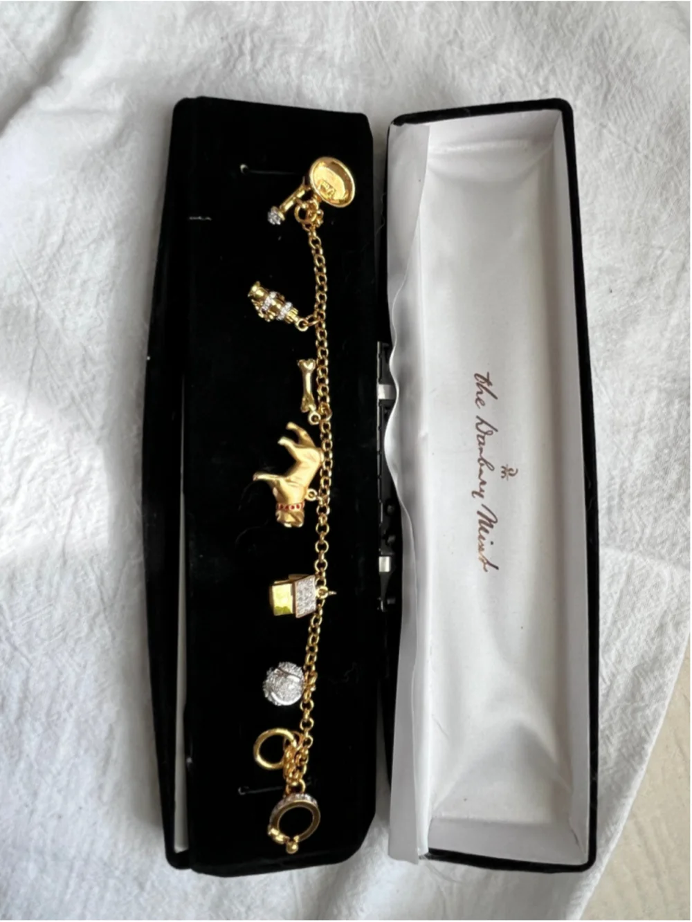 Vintage Danbury Mint Pug Dog Charm Bracelet 24K Gold Plated In Original Box